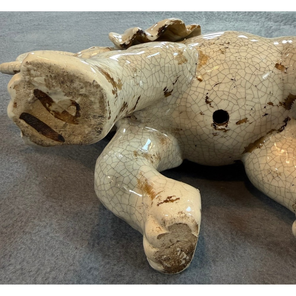Vintage Ceramic Elephant Figurine Crackle Glaze Lucky Upturned Trunk Off-White - Picture 16 of 16
